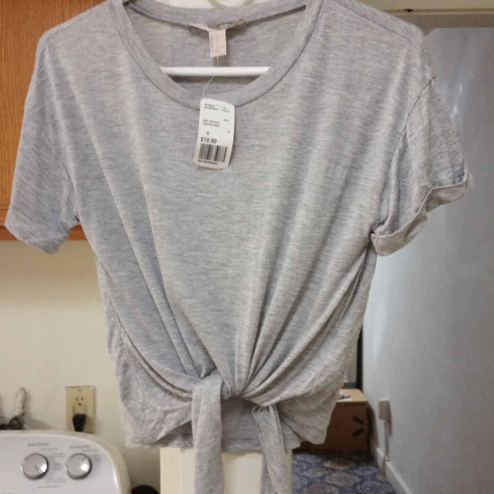 Forever 21 Heather Gray Tie Hem Crop Knit Top
